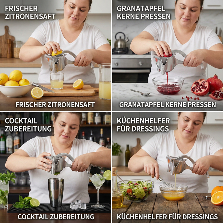 Detailansicht des Aluminium Handentsafters, ergonomischer Griff. Perfekt für frische Säfte wie Zitrone oder Limette.