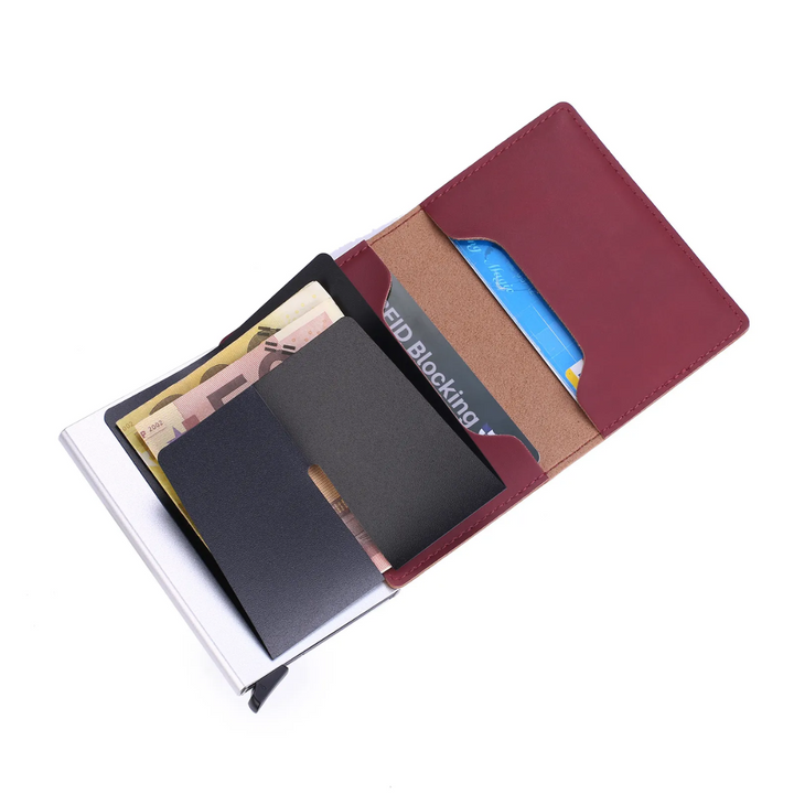 Modernes Herren Aluminium Portemonnaie mit integrierter Geldklammer und RFID-Schild.