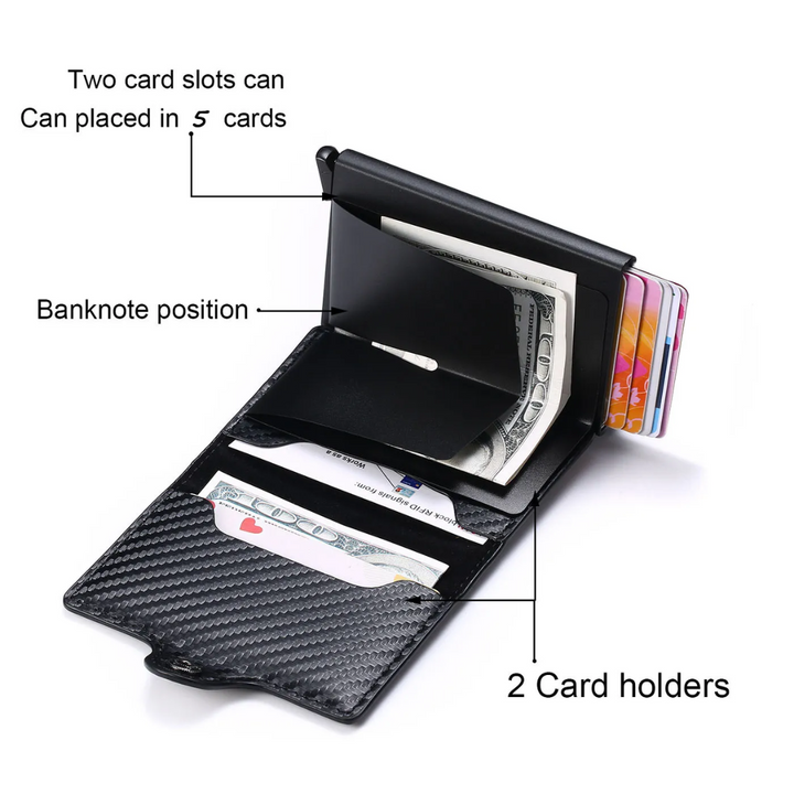 Schlichtes Herren Aluminium Portemonnaie, RFID-sicher, mit schneller Kartenentnahme-Funktion.