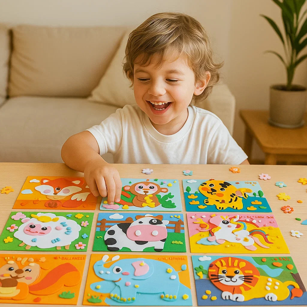 Kinder basteln mit pädagogischem Sticker Set, ideal für Kreativität, Feinmotorik & Konzentration.