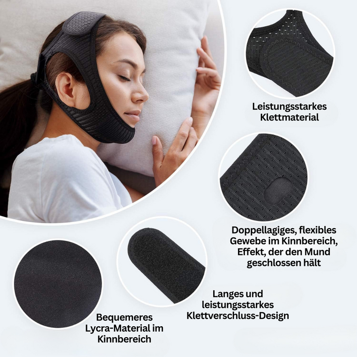 Verstellbares Anti-Schnarch-Kinnband DreamQuiet; die Schlafhilfe für ruhige Nächte & besseren, entspannten Schlaf.