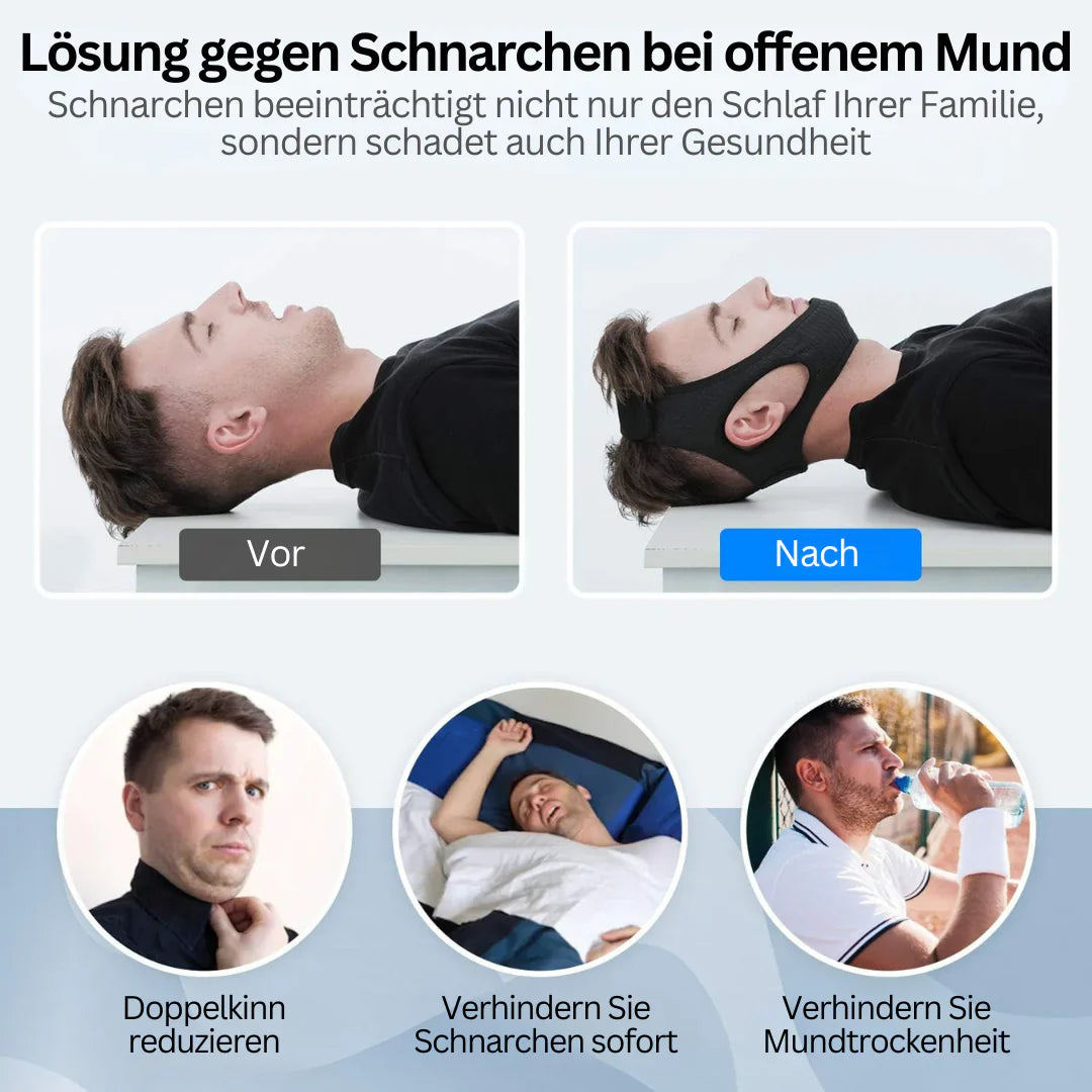 Komfortables Anti-Schnarch Kinnband aus weichem Material. Fördert ruhigen Schlaf und erleichtert die Atmung effektiv.