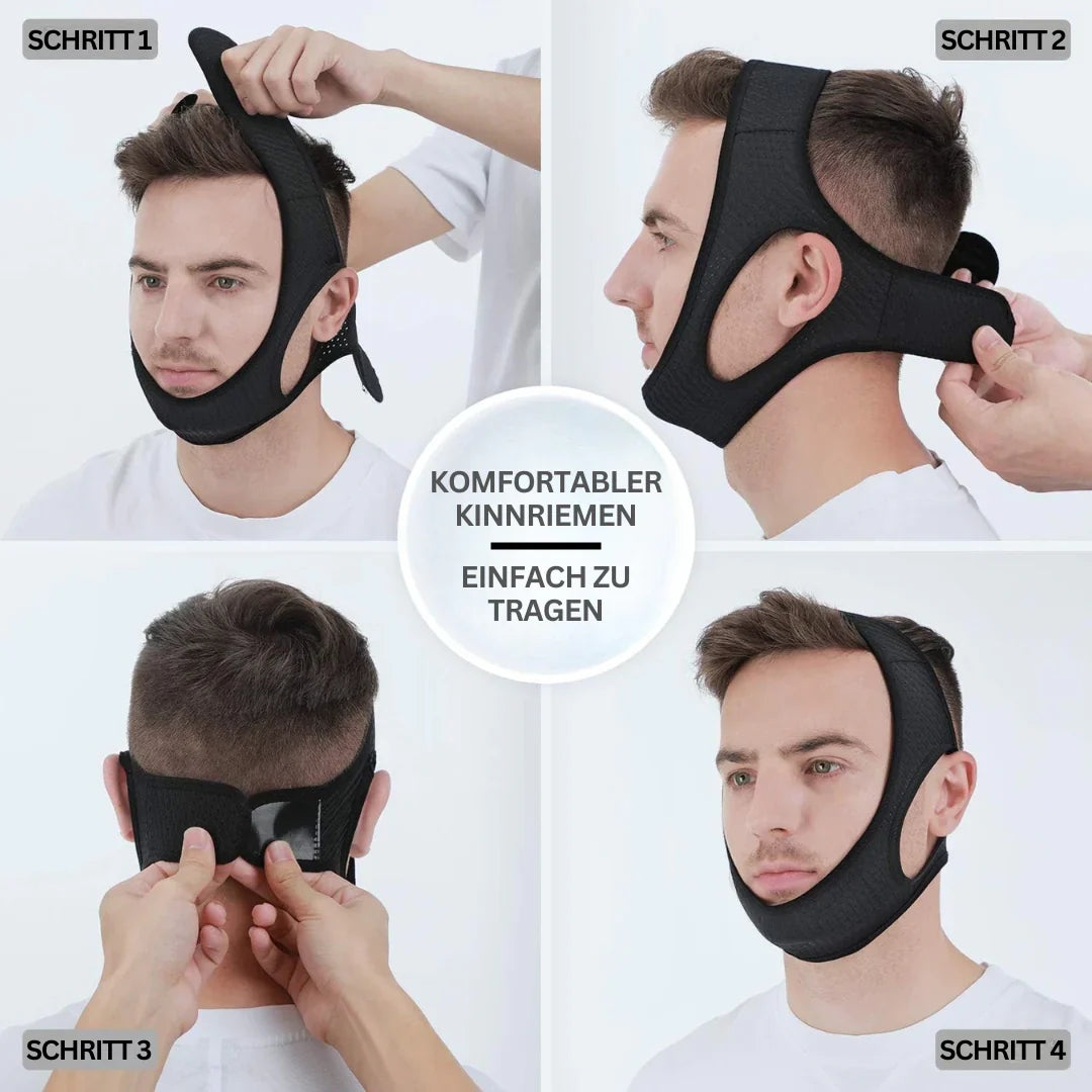 Detailansicht des Anti-Schnarch Kinnbands, einer effektiven Schlafhilfe für schnarchfreie, erholsame Nächte.