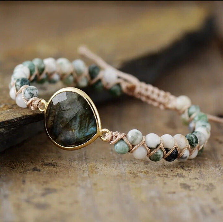 Unisex geflochtenes Naturstein Manschettenarmband aus Onyx & Hämatit, handgefertigt für Herren & Damen.