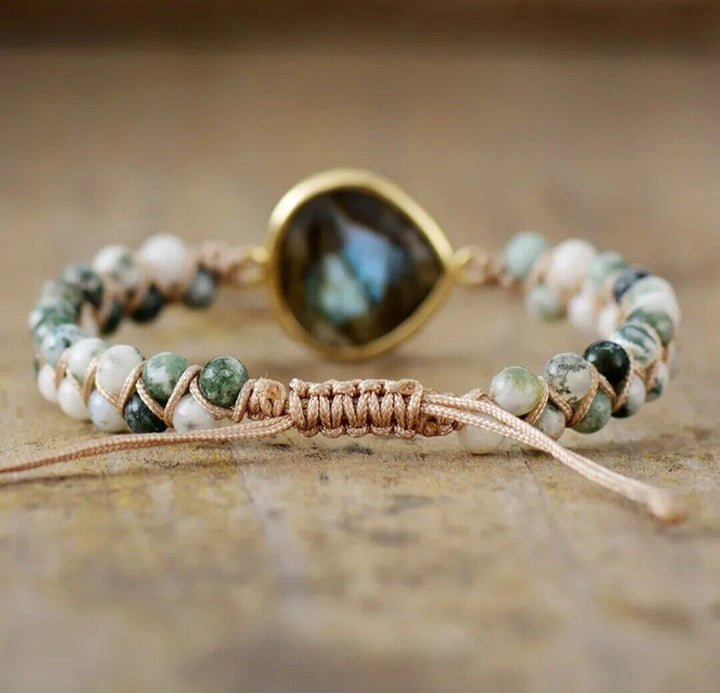 Stilvolles Unisex Armband: geflochtenes Manschettenarmband mit echten Natursteinen (Onyx, Hämatit), ovaler Schmuck.