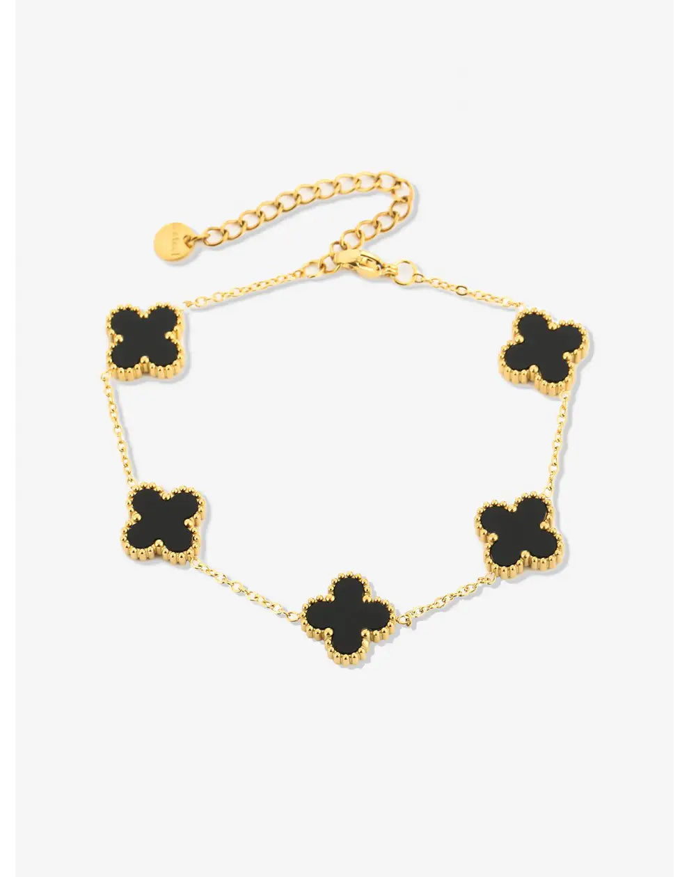 Fünfblättriges Kleeblatt-Damenarmband aus poliertem Edelstahl. Perfekter Armschmuck und Glücksbringer.