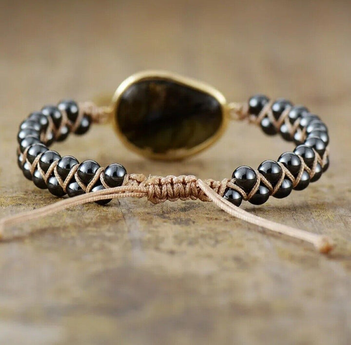 Modernes Unisex Naturstein Armband. Geflochtenes Manschettenarmband mit Onyx & Hämatit, eleganter Schmuck für Handgelenk.