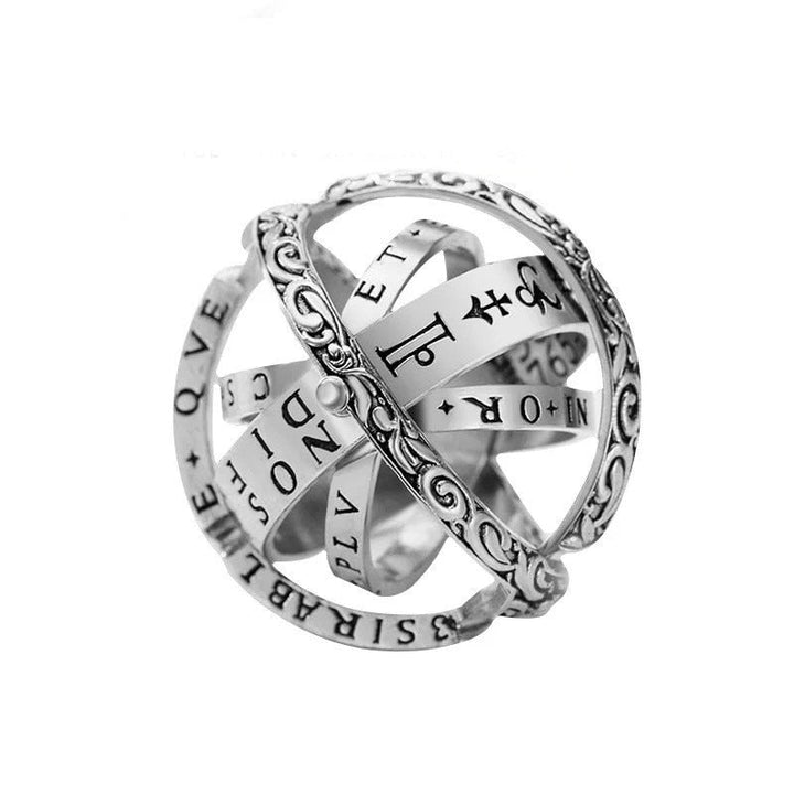 Magischer astronomischer Silberring, unisex, der sich zu einer detailreichen Sphäre entfaltet. Kosmos-Geschenkidee.