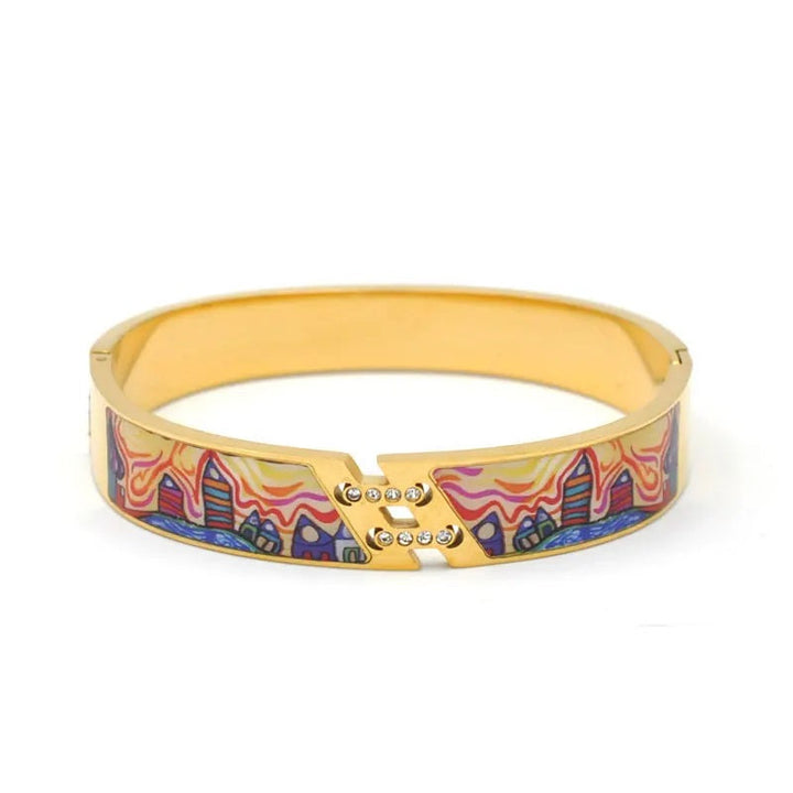 Damen Armreif goldfarben mit Geode Muster, hochwertiger Modeschmuck aus Edelstahl, schick und vielseitig.