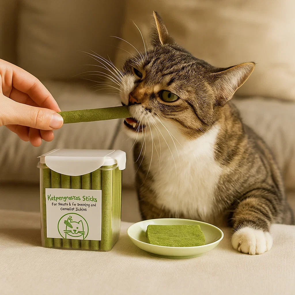 Katzen-Leckerli: Katzengras Sticks fördern die Verdauung, helfen bei Haarballen und unterstützen die Zahnpflege.