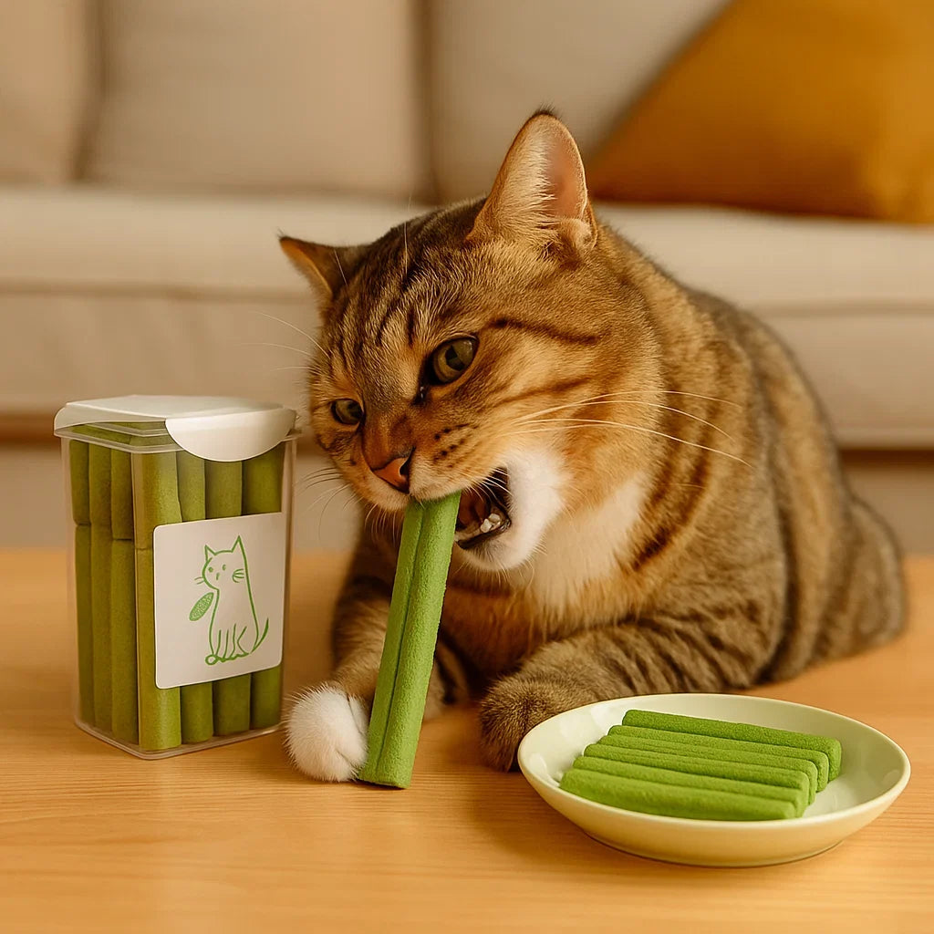 Natürliche Katzengras Sticks für effektive Zahnpflege und frischen Atem, ideal als gesunder Snack für Katzen.