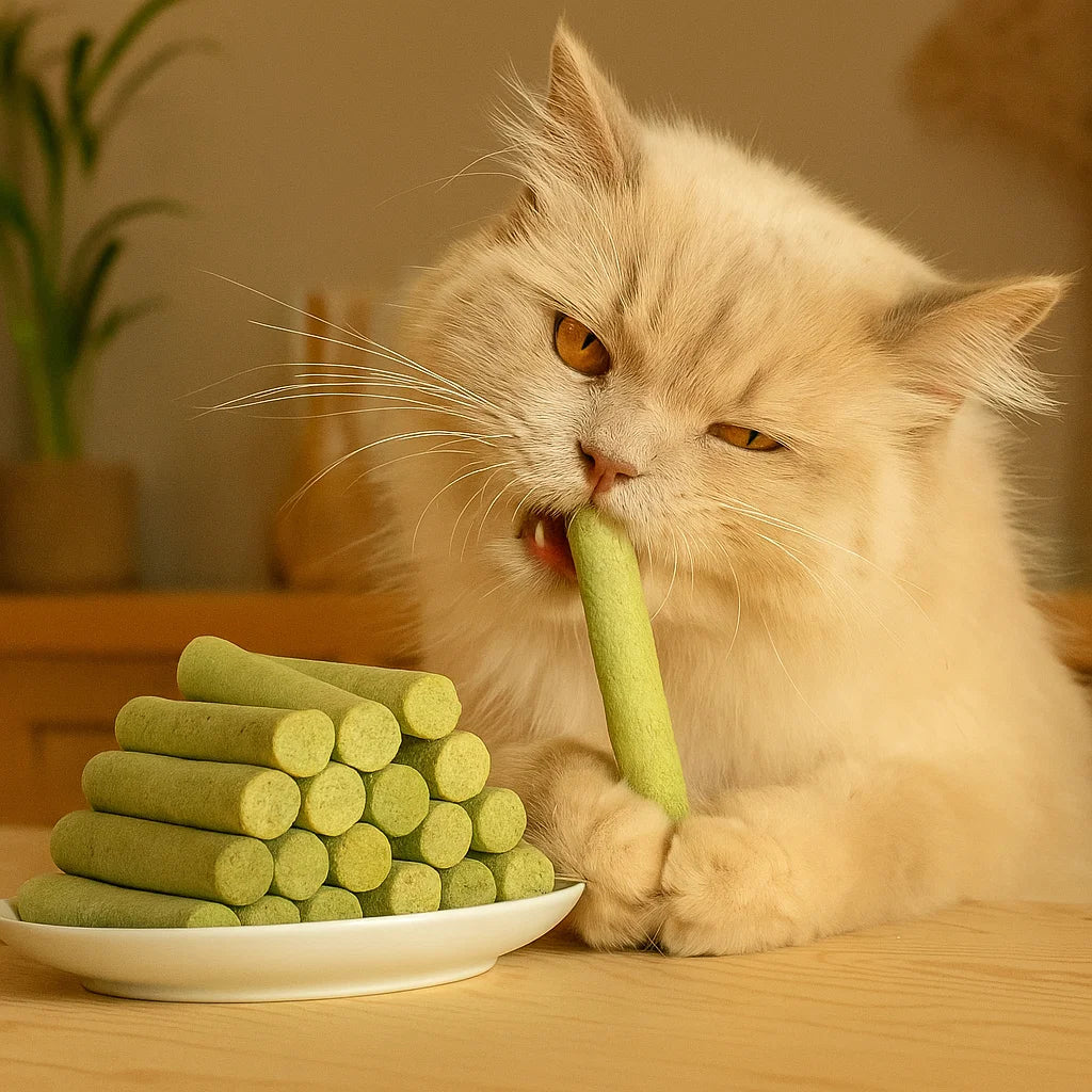 Katzengras Sticks zur Unterstützung gesunder Verdauung und starker Zähne bei Katzen, reduziert Haarballen.