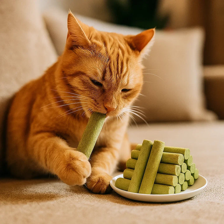Hochwertige Katzengras Sticks, eine natürliche Tiernahrung zur Zahnpflege und Verdauungsförderung bei Katzen.