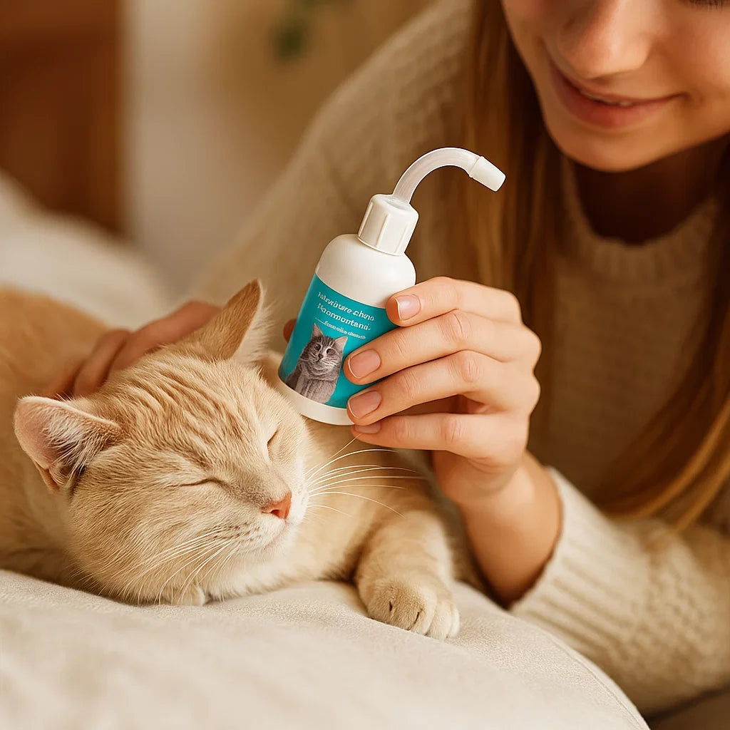 Flasche mit natürlichem Ohren Reinigungsmittel für Katzen. Zur sanften und effektiven Katzenohrenpflege gegen Juckreiz.
