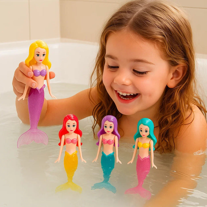 Lachendes Kind mit Meerjungfrauen-Toy: Das bunte Badespielzeug sorgt für pure Freude und endlosen Spielspaß im Wasser.