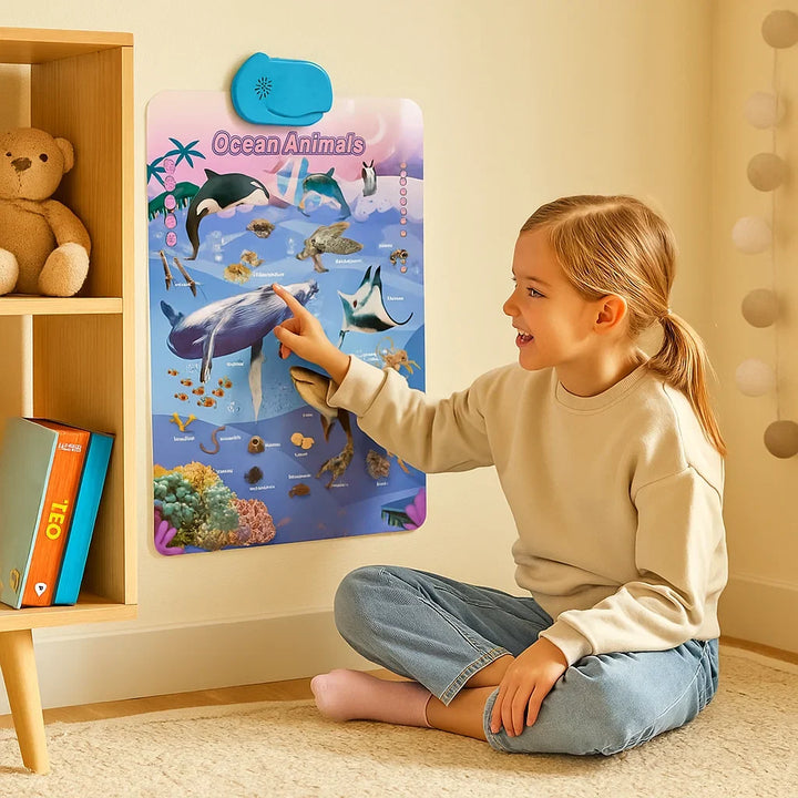 Kind interagiert mit Englisch Lerntafel, lernt spielerisch Wörter und Sätze, fördert Sprachkenntnisse.