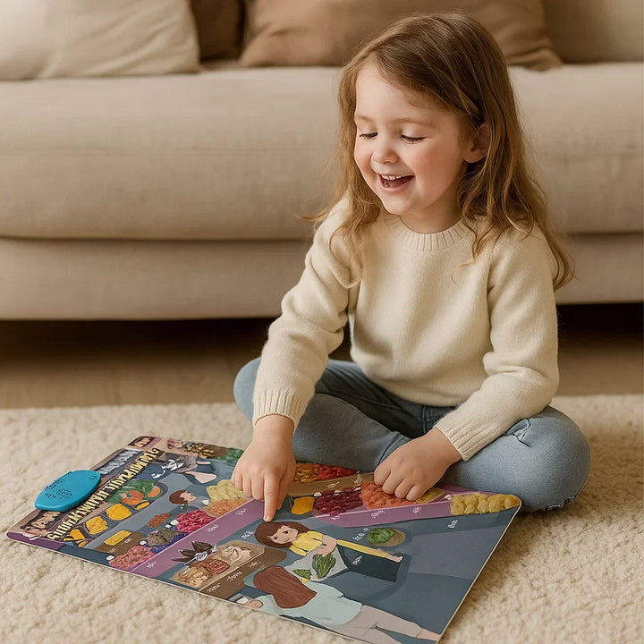 Interaktive Englisch Lerntafel auf einem Tisch, bereit für spannende Lernstunden und Sprachspiele für Kinder.