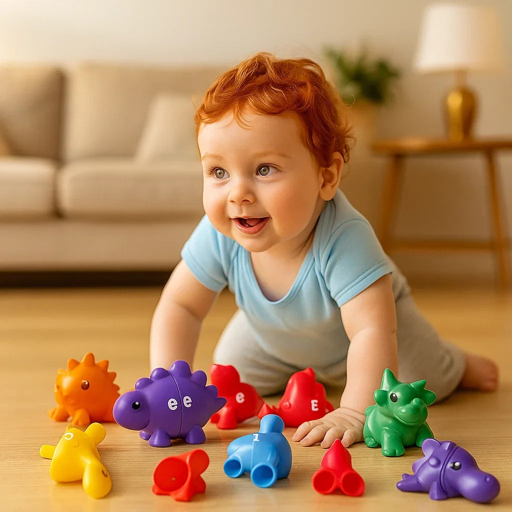 Montessori Sortierspiel für Kinder; fördert Feinmotorik, Farberkennung & kognitive Entwicklung mit Dinosauriern.