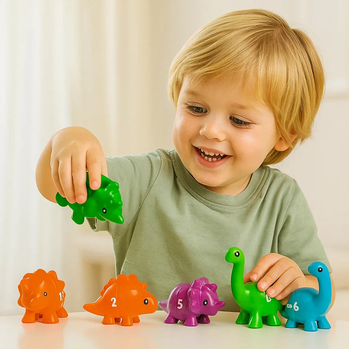 Kleinkind spielt mit Montessori Sortierspiel; Farben & Dinosaurier Lernset für Kindergarten, Vorschule & kognitive Förderung.