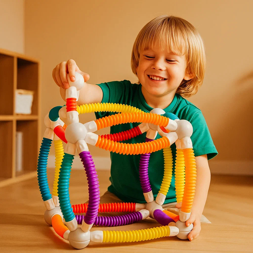 Kinderhände bauen Turm aus bunten Montessori Magnetbausteinen, fördert Konzentration.
