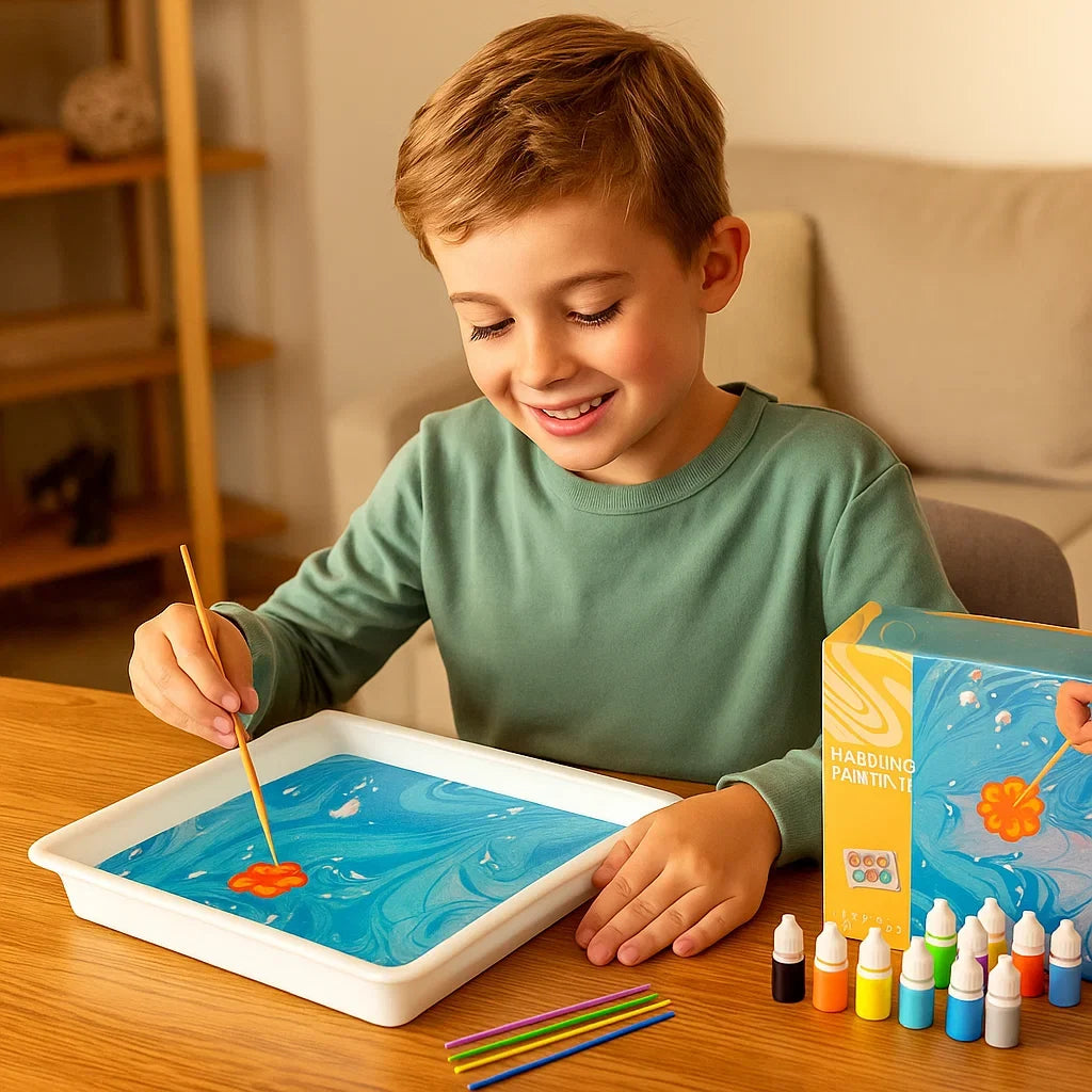 Lustiges Kreativ-Spielzeug: Wasserfarben-Set zum Marmorieren, fördert Farbenspiel, Fantasie und Freude am Malen.