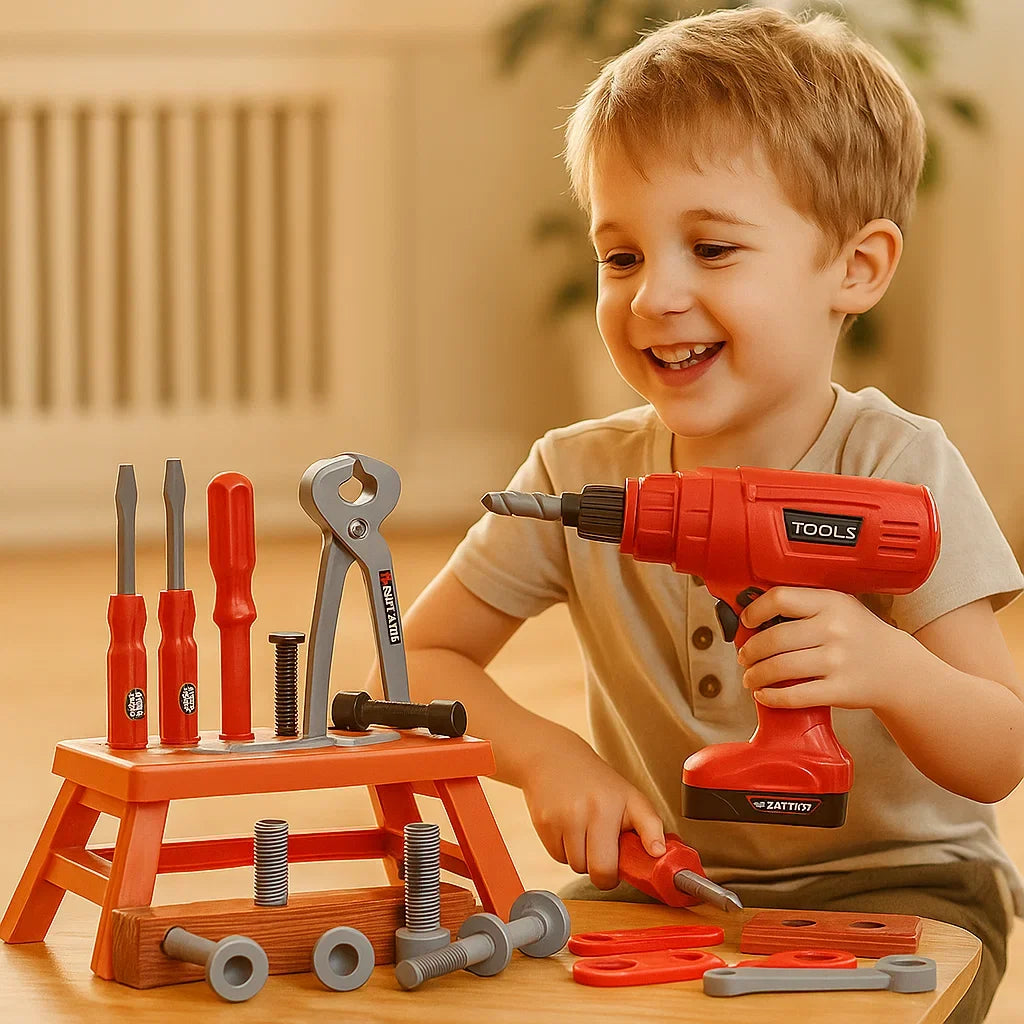 Buntes Kinder Werkzeugset: Hammer, Schraubendreher & mehr für kreatives Rollenspiel. Pädagogisches Spielzeug.