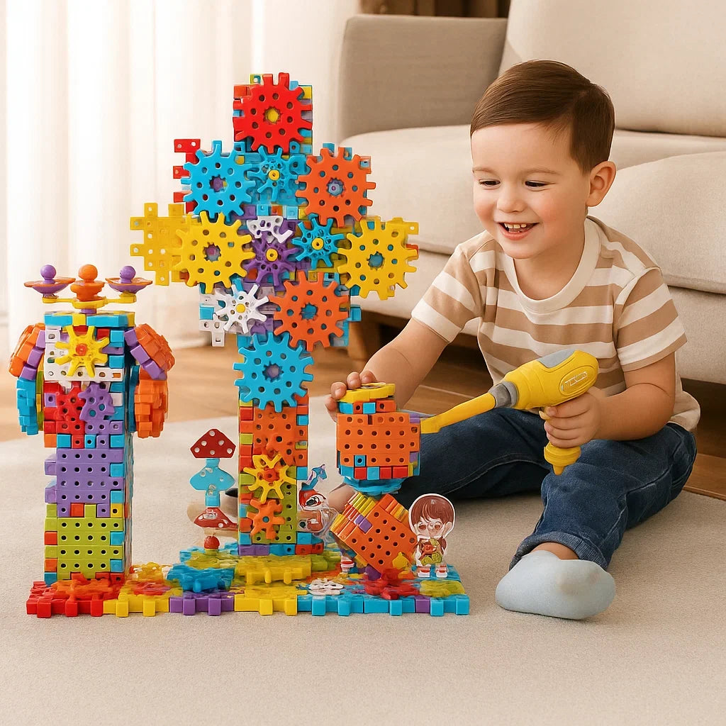 Montessori Spielzeug für Kinder: 3D Zahnrad & Puzzle Set. Bausteine fördern Logik, Kreativität & Feinmotorik.