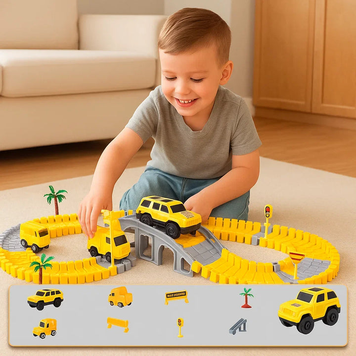 Spielset: Kinder Rennstrecke mit Kontrollern, zwei Spurautos und diversen Bauelementen für kreativen Aufbau.