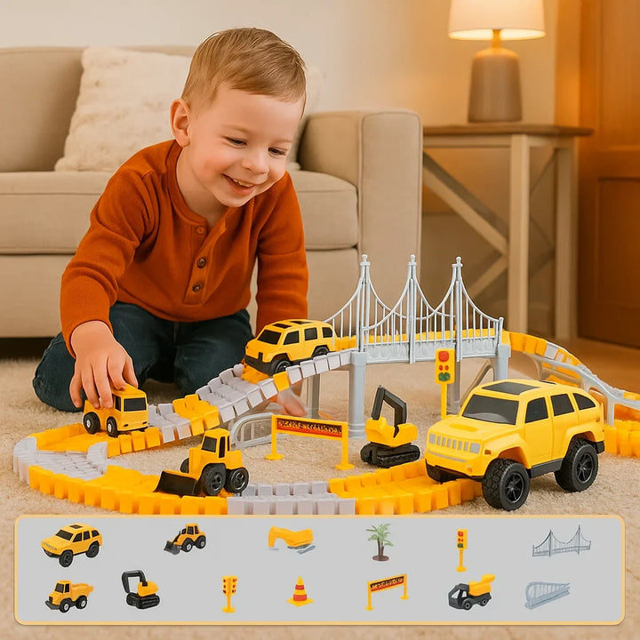 Dynamisches Bild der Rennstrecke mit rasenden Spurautos und leuchtenden Farben, ein echtes Abenteuer für Kinder.