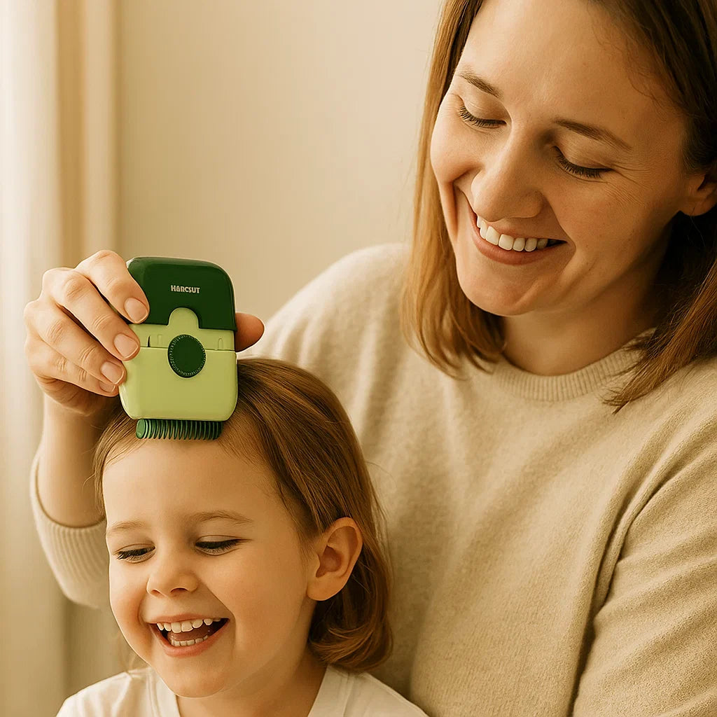 Innovativer Kamm zum Haareschneiden, für eine stressfreie Haarpflege bei Kindern.