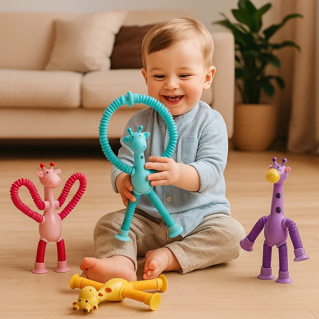 Sensorische Giraffe mit Saugnapf, buntes Babyspielzeug für unterwegs, fördert Entwicklung.