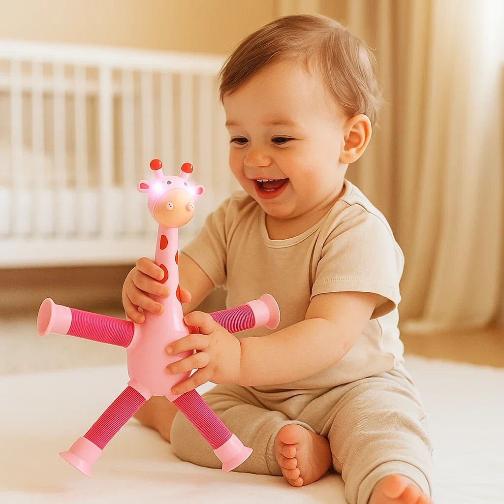 Lernspielzeug: Bunte sensorische Saugnapf Giraffe, fördert spielerisch die Entwicklung von Babys.