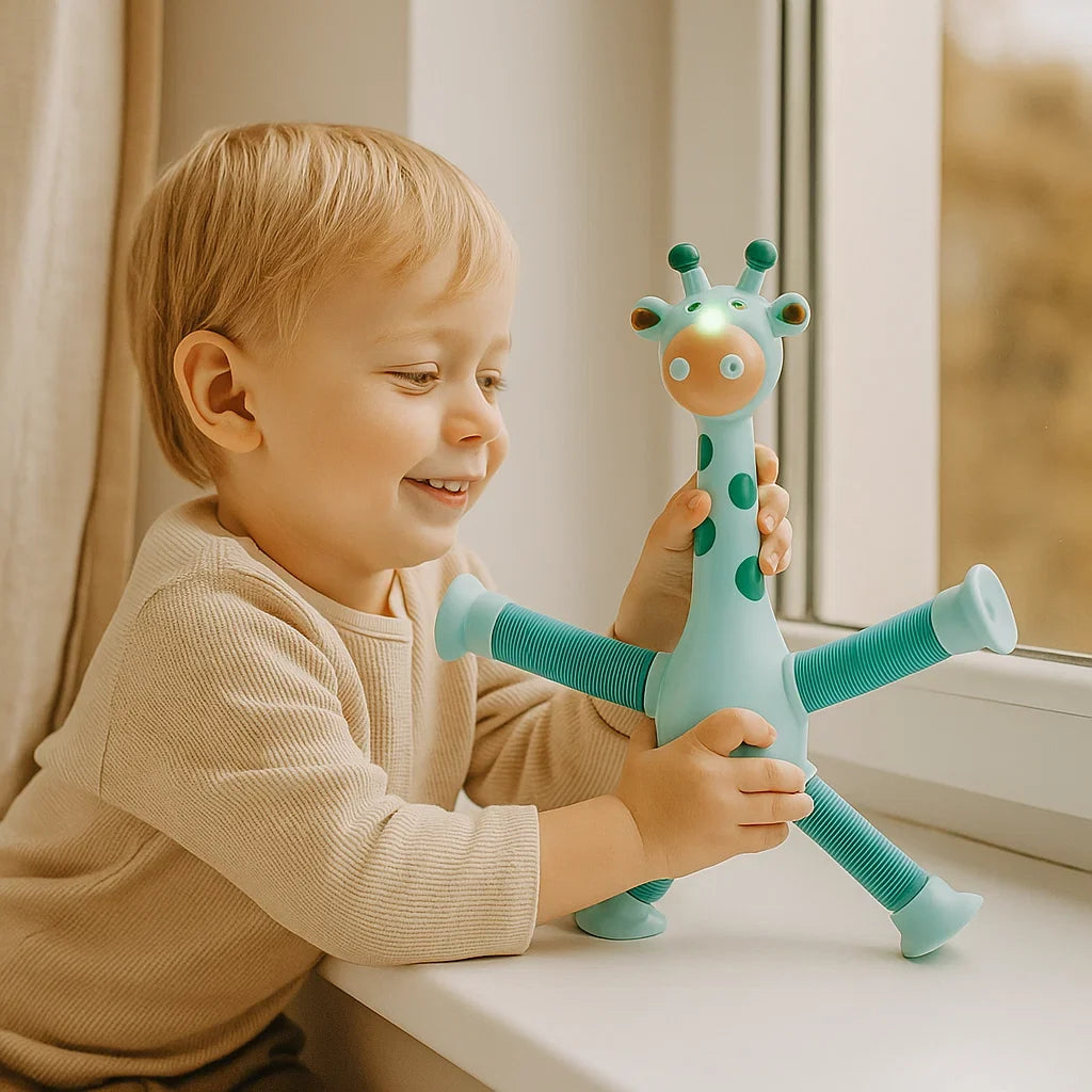 Buntes Reisespielzeug: sensorische Saugnapf-Giraffe für Babys, fördert spielerisch die Sinne.