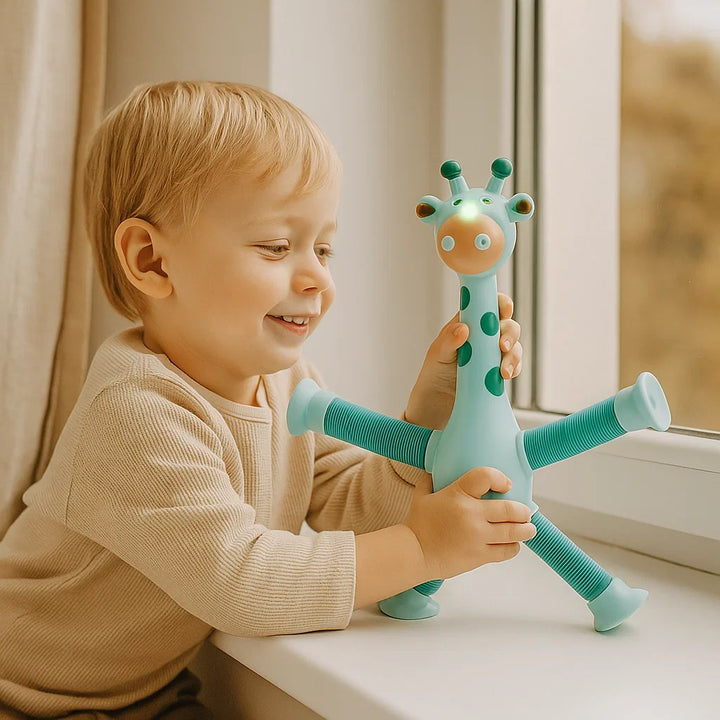 Buntes Reisespielzeug: sensorische Saugnapf-Giraffe für Babys, fördert spielerisch die Sinne.