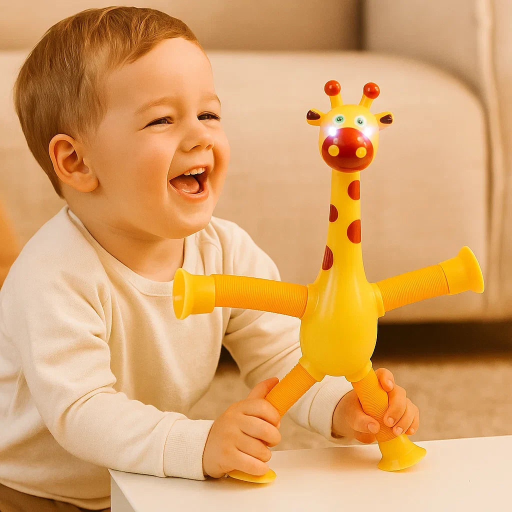 Entwicklungsförderndes sensorisches Giraffen-Babyspielzeug mit Saugnapf, bunt und lehrreich.
