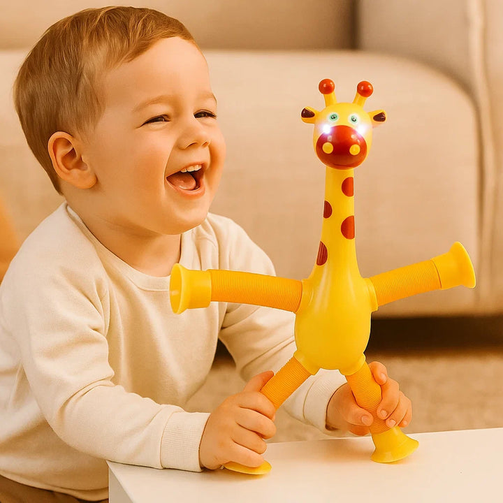 Entwicklungsförderndes sensorisches Giraffen-Babyspielzeug mit Saugnapf, bunt und lehrreich.