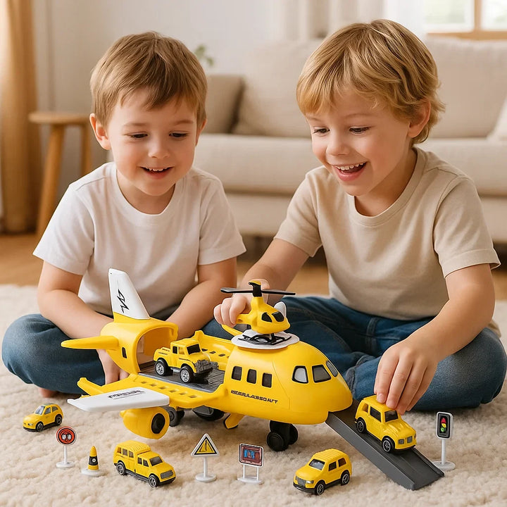 Glückliches Kind spielt mit neuem Flugzeug & Fahrzeug Spielset, fördert Geschicklichkeit & Kreativität.