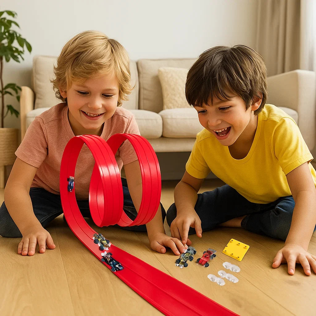Dynamisches Kinderrennstrecken-Set, flexibel konfigurierbar, leuchtet im Dunkeln für besonderen Spielspaß.