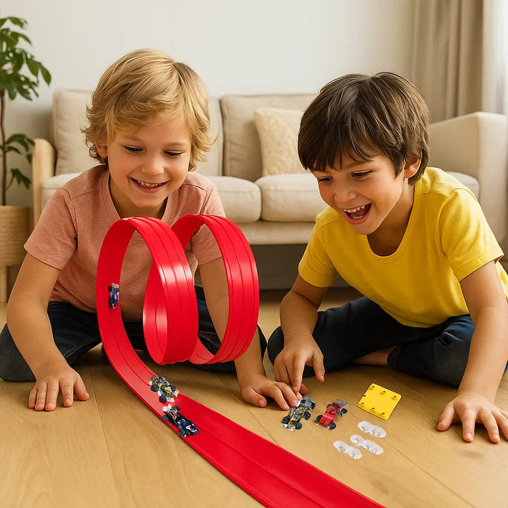 Dynamisches Kinderrennstrecken-Set, flexibel konfigurierbar, leuchtet im Dunkeln für besonderen Spielspaß.