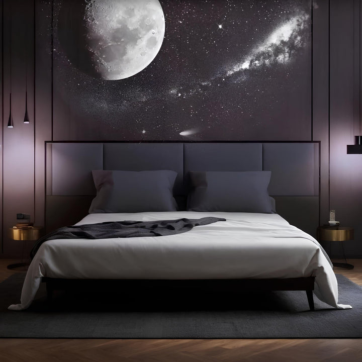 Dekorative AstroGlow Projektorlampe schafft beruhigende Galaxie- & Sternenlicht-Atmosphäre für Ihr Zuhause.