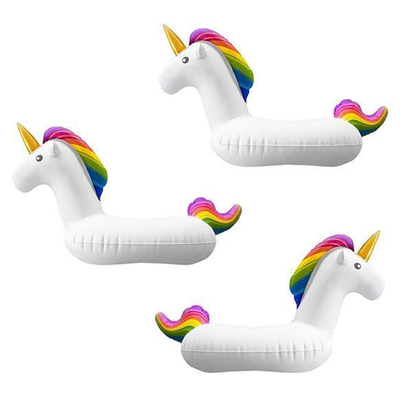 Aufblasbare Einhorn Getränkehalter (3er Set) für Poolparty & Sommer. Schwimmende Deko für Getränke im Wasser.
