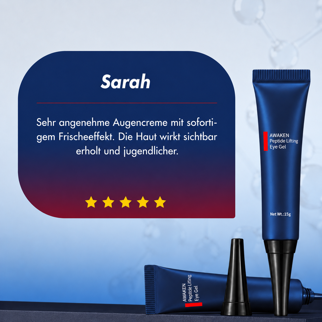Spezielles Augen Gel mit Lifting Effekt gegen Augenringe, Schwellungen und Falten. Enthält Peptide & Kojicsäure.