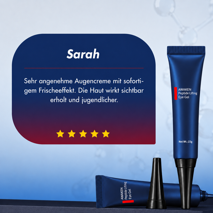 Spezielles Augen Gel mit Lifting Effekt gegen Augenringe, Schwellungen und Falten. Enthält Peptide & Kojicsäure.