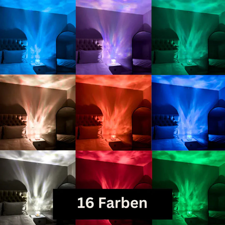 Elegante AuroraGlow Nordlicht Lampe als Farbwechsellampe, taucht den Raum in 16 stimmungsvolle Farben.
