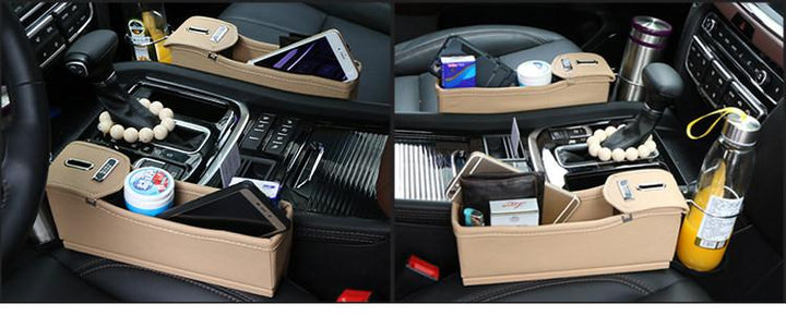 Hält den Innenraum aufgeräumt: Auto Organizer als Lückenfüller mit Ablage und Becherhalter. Aus PU Leder.