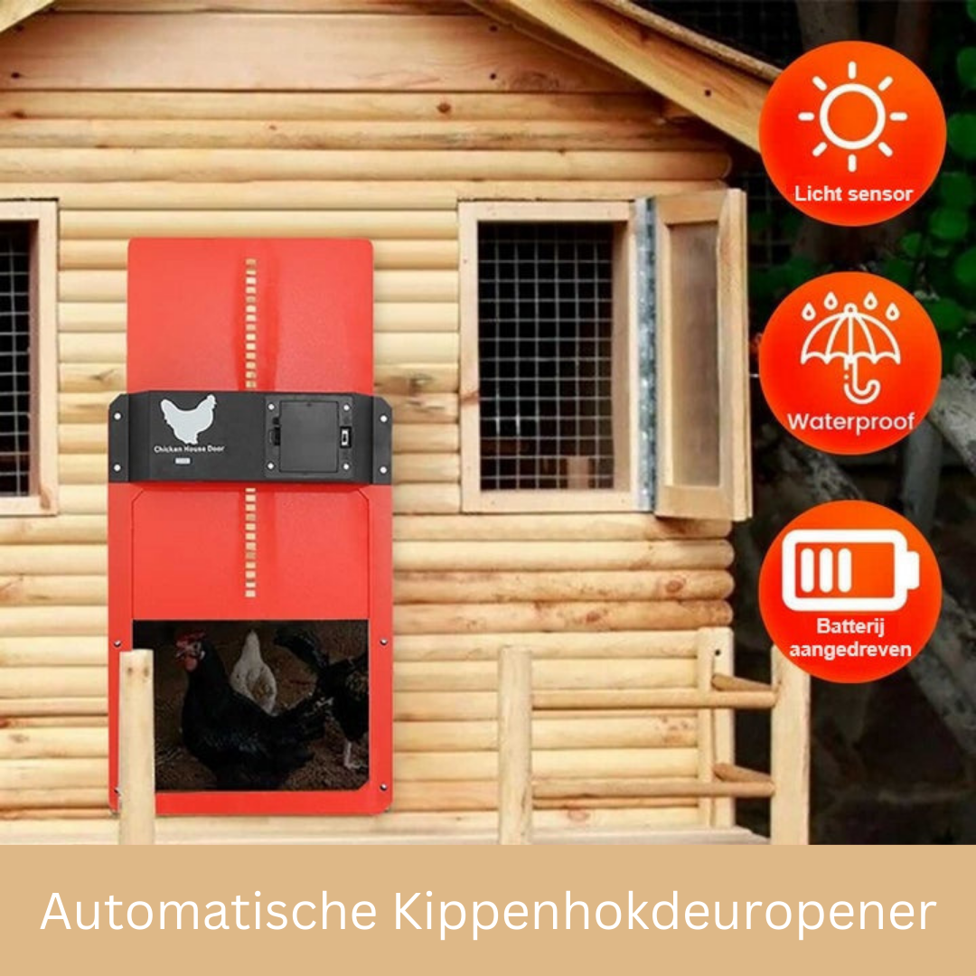 Komplettes, einfach zu installierendes Hühnerstall Türsystem für sicheren automatischen Zugang der Hühner.