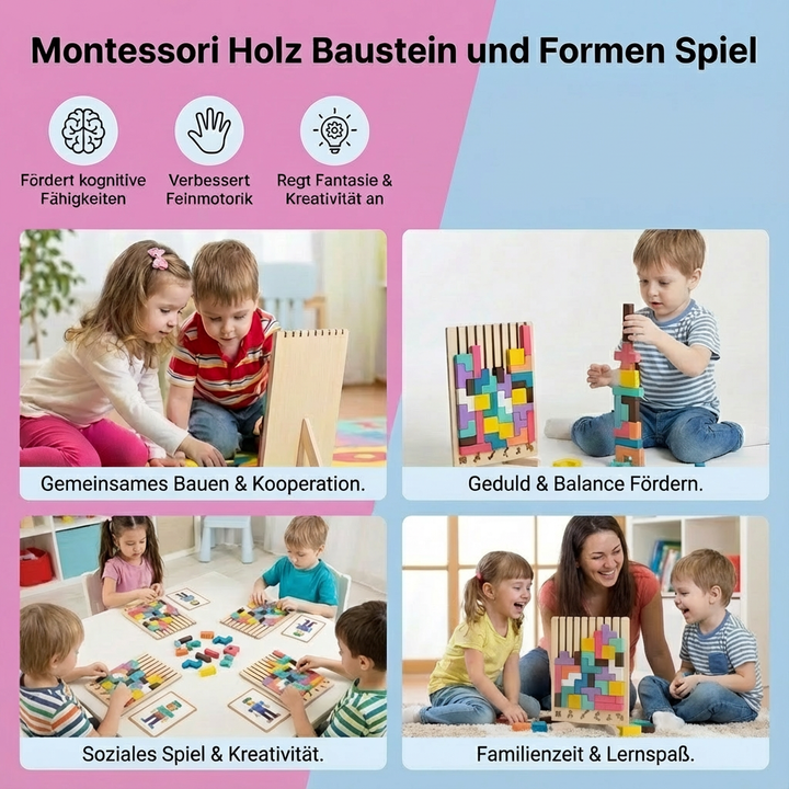Kind spielt mit farbigen Holz Bausteinen, lernt Formen & Farben, fördert Konzentration & Feinmotorik nach Montessori.