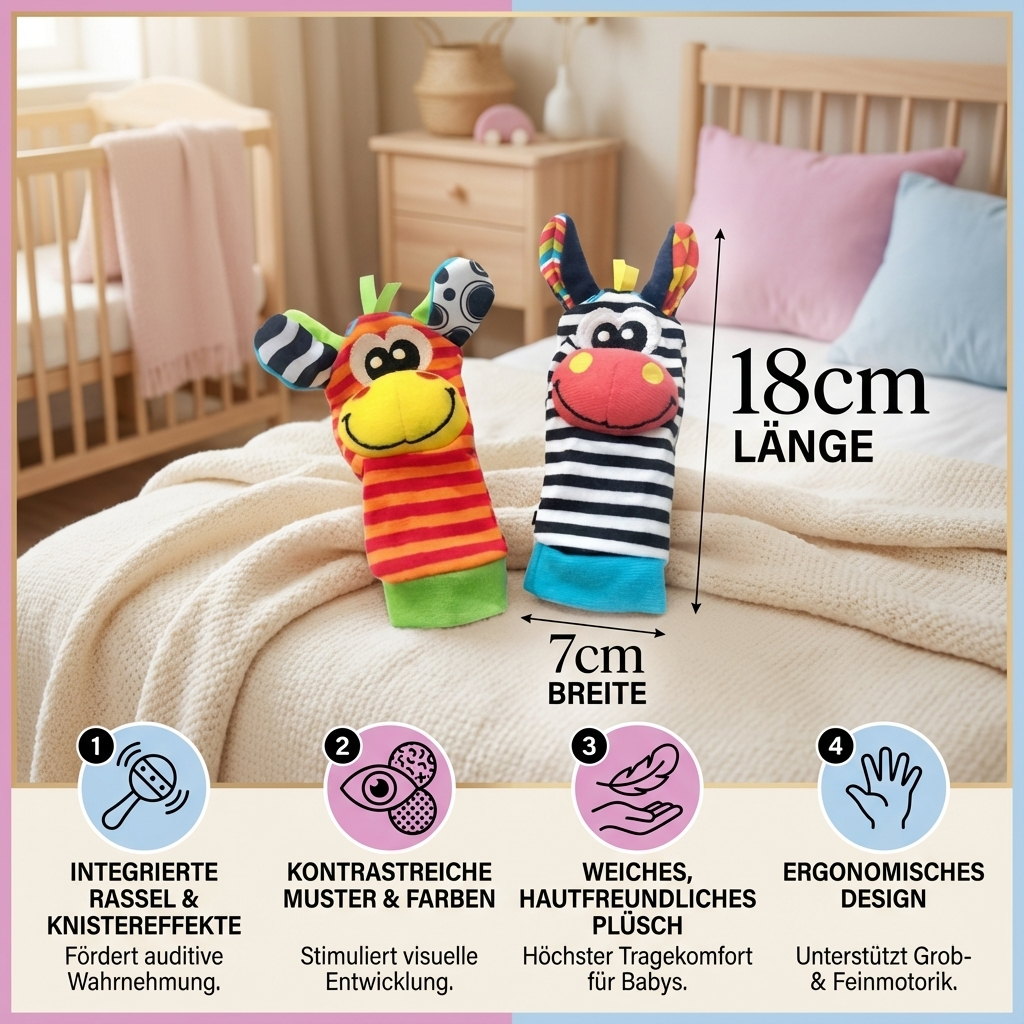 Baby Entwicklungsset: Sensorikspielzeug Babysocken & Armbänder. Fördert Hörsinn und Feinmotorik.