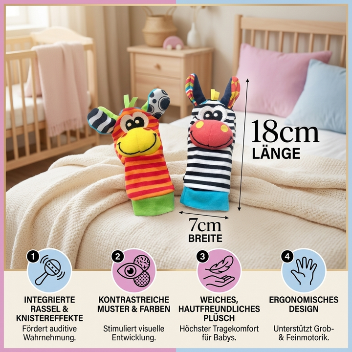 Baby Entwicklungsset: Sensorikspielzeug Babysocken & Armbänder. Fördert Hörsinn und Feinmotorik.