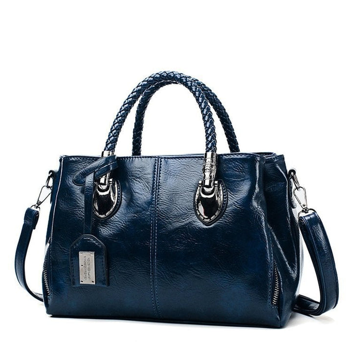 Blaue große Damen Rindsleder Schultertasche, Retro Design, zwei Griffe.